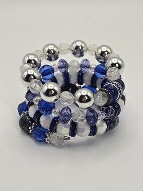 Beaded Multi-strand Coil Bracelet Stack Blue, Silver, & White Handmade Jewelry